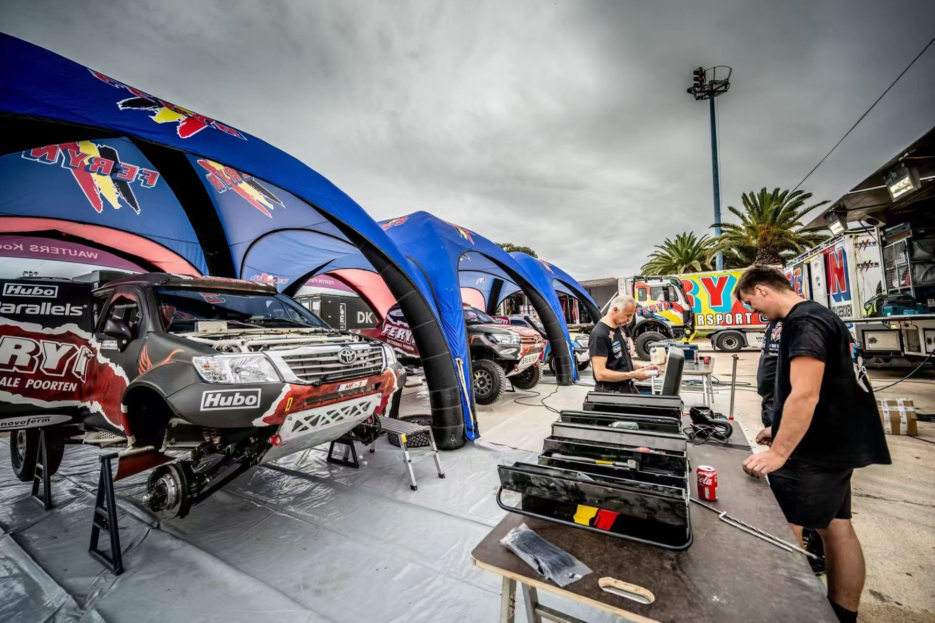 Heavy-duty inflatable motorsport tent for Dakar Rally team service area