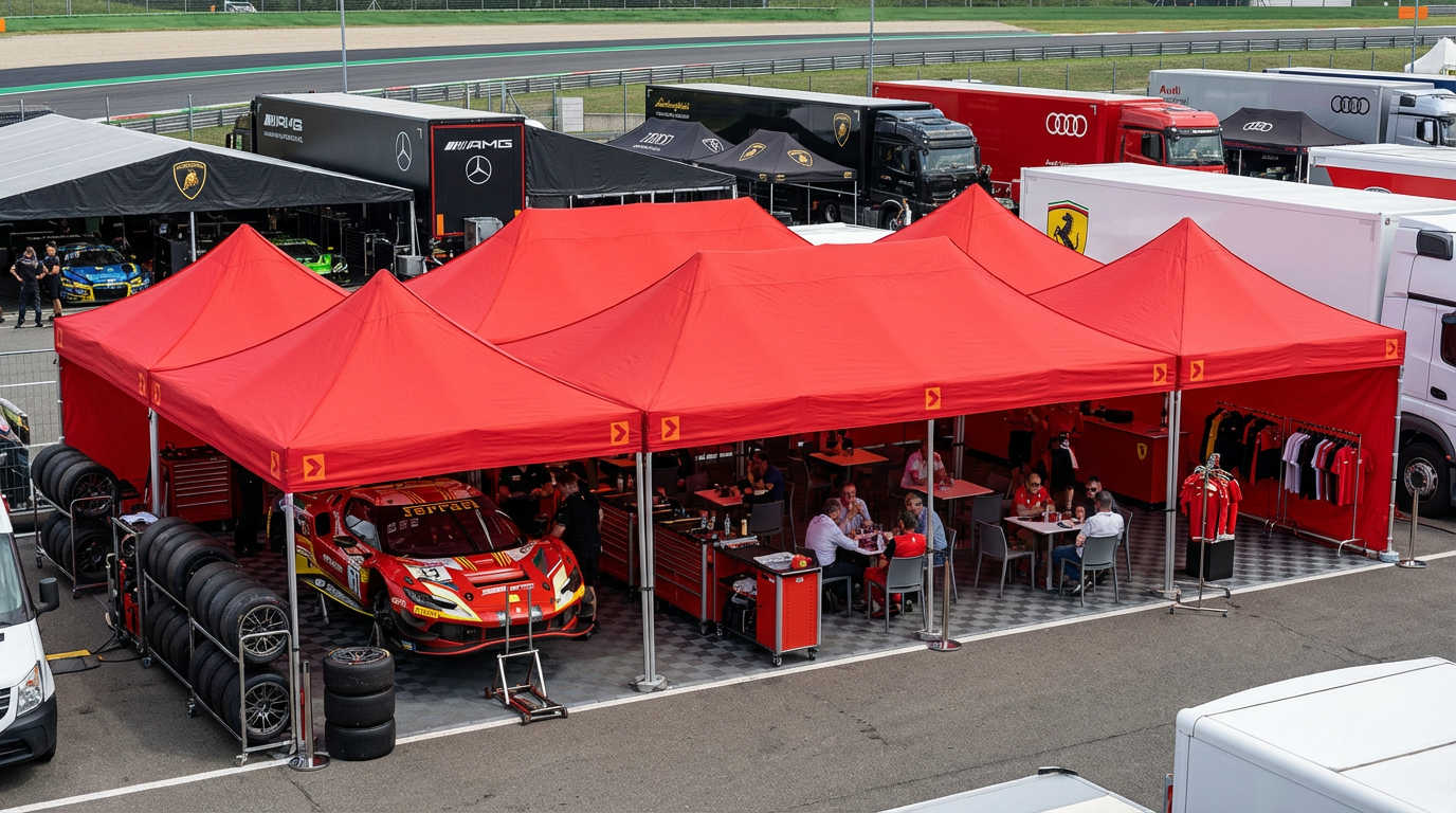 Professional GT racing team pit garage with race awnings and motorsport flooring